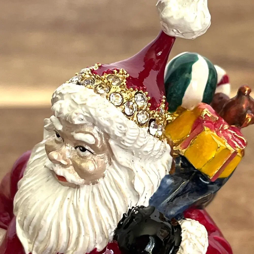 Bejeweled Santa Hinged Metal Enamel Trinket Box Santa Sack Gifts Christmas